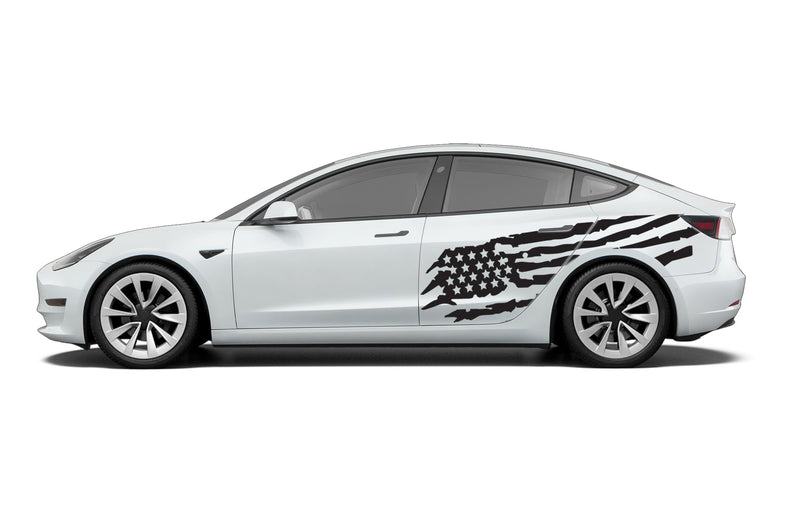 Tattered American flag side graphics decals for Tesla Model 3
