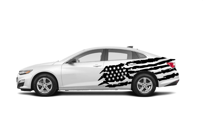 Tattered American flag side graphics decals compatible with Chevrolet Malibu
