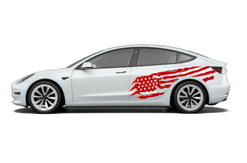 Tattered American flag side graphics decals for Tesla Model 3
